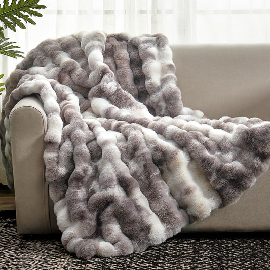 Cozy Bliss Bubble Faux Fur Throw Blanket for Couch, Tie-dye Taupe, 50"x60"