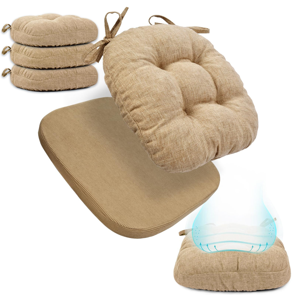 BUYUE 2-in-1 Chair Cushion for Dining Chair – Detachable Double-Layer, Use as 2 Seat Pads or 1 Extra-Thick Pad, Latex Foam, Non-Slip, Beige