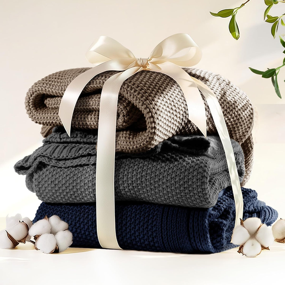 100% Cotton Cable Knit Throw Blanket, Lightweight Soft Knit Blanket for Sofa Couch Bed, Breathable All-Season Throw, Cozy Decorative Blanket, 50 x 60 Inch,Taupe