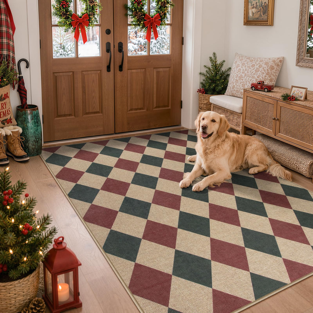 Lahome Checkered Easy Jute Non Slip Front Door Mat, 2x3 Kitchen Rug Neutral Small Throw Rug, Farmhouse Diamond Washable Non Shedding Low Pile Black Floor Carpet for Entryway Front Porch Doorway