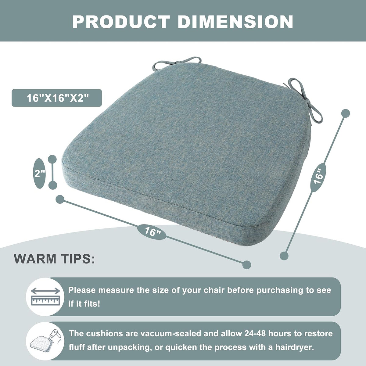 Battilo Chair Cushions for Dining Chairs, 16"x16"x2", Set of 2, Dusty Blue