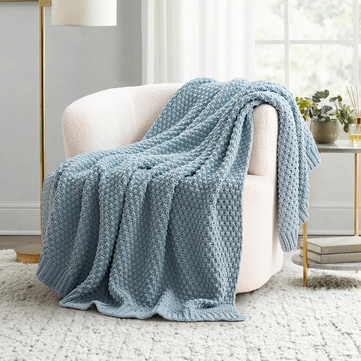 EVERGRACEHOME Chunky Chenille Knit Throw Blanket, 50 x 60, Beige
