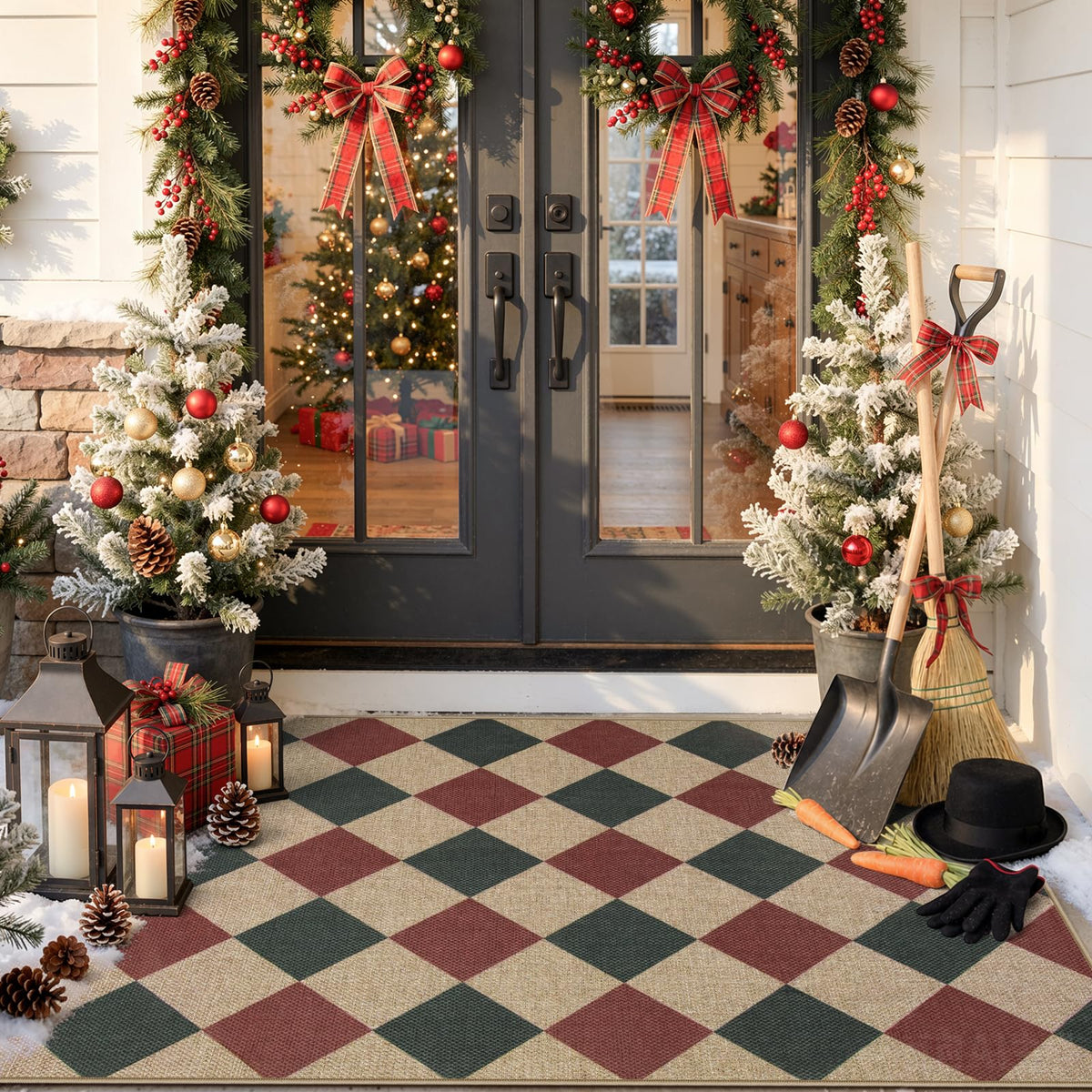 Lahome Checkered Easy Jute Non Slip Front Door Mat, 2x3 Kitchen Rug Neutral Small Throw Rug, Farmhouse Diamond Washable Non Shedding Low Pile Black Floor Carpet for Entryway Front Porch Doorway