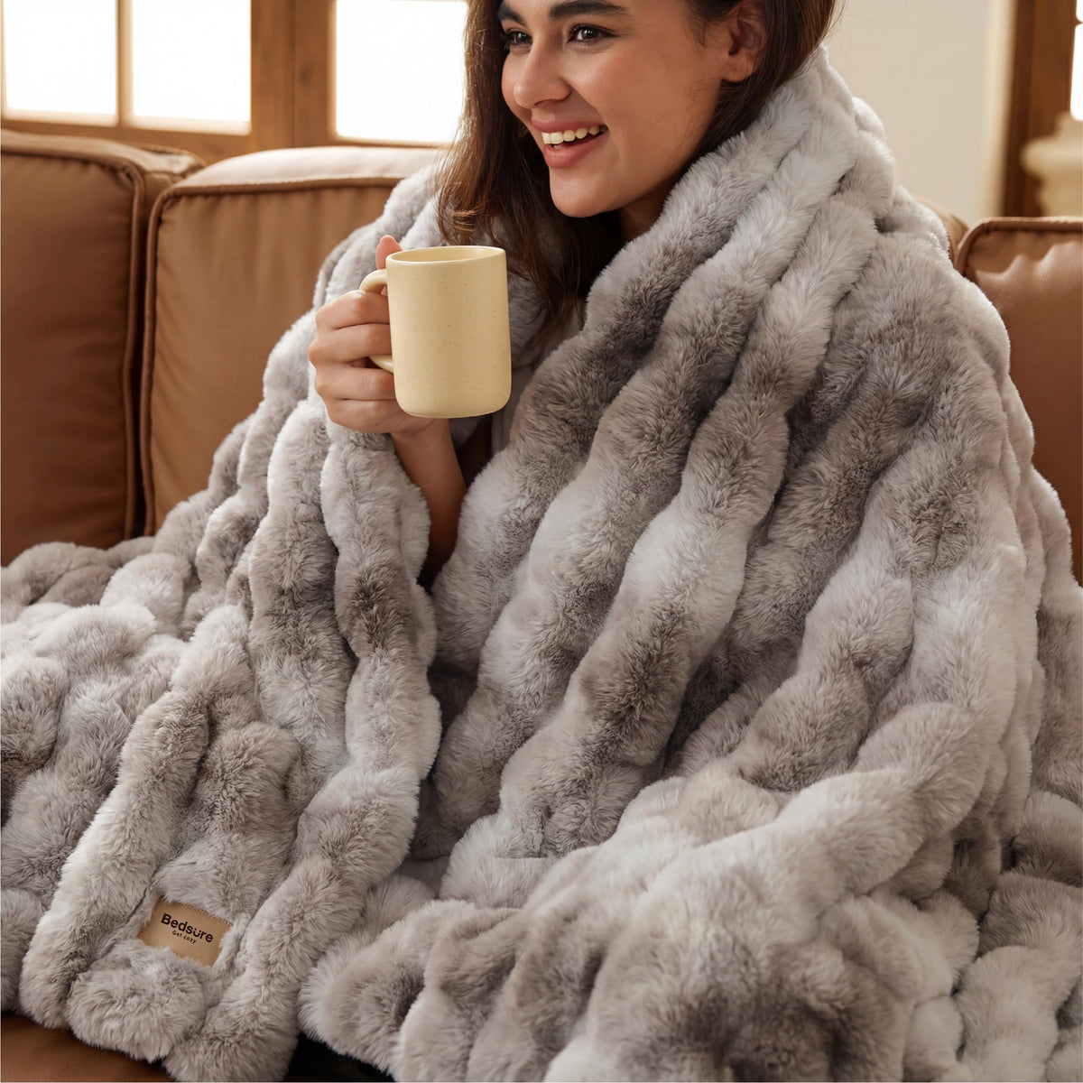 Bedsure Fluffy Bubble Faux Fur Throw Blanket, 50"x60", Tie-dye Taupe