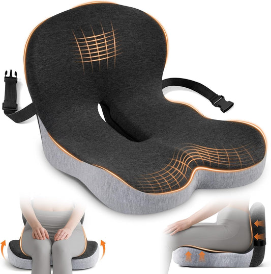 L-Shaped Ergonomic Seat Cushion with Back Support & Adjustable Strap, Pressure Relief Cushion for Office Chair, Car & Truck