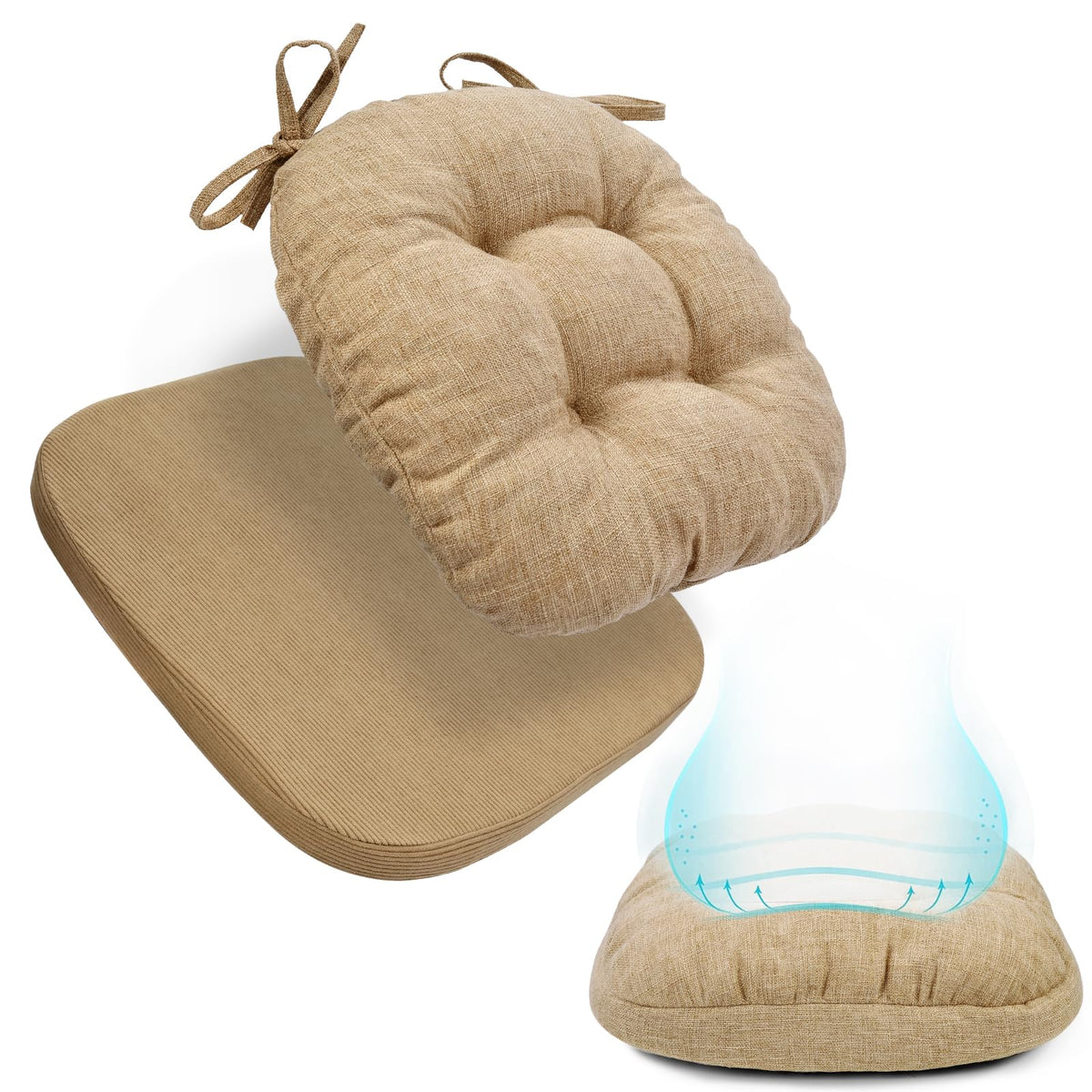 BUYUE 2-in-1 Chair Cushion for Dining Chair – Detachable Double-Layer, Use as 2 Seat Pads or 1 Extra-Thick Pad, Latex Foam, Non-Slip, Beige