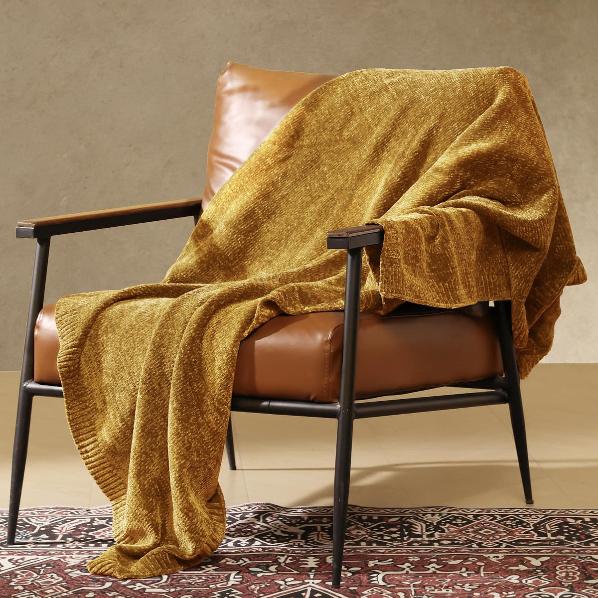 Chenille Throw Blanket for Couch, Cozy Soft Blanket Lightweight Decorative Throw for Living Room Sofa Chair, Stylish Home Decor, Ideal for Gifting, Yellow 50"x60"