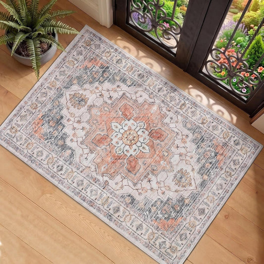 Temedara Washable 2x3 Entry Rug, Small Rugs for Entryway, Boho Rug Low Pile, Vintage Soft Floor Mat Non Slip Indoor Carpet for Living Room Bedroom, Pet Friendly, Easy Care for Kitchen