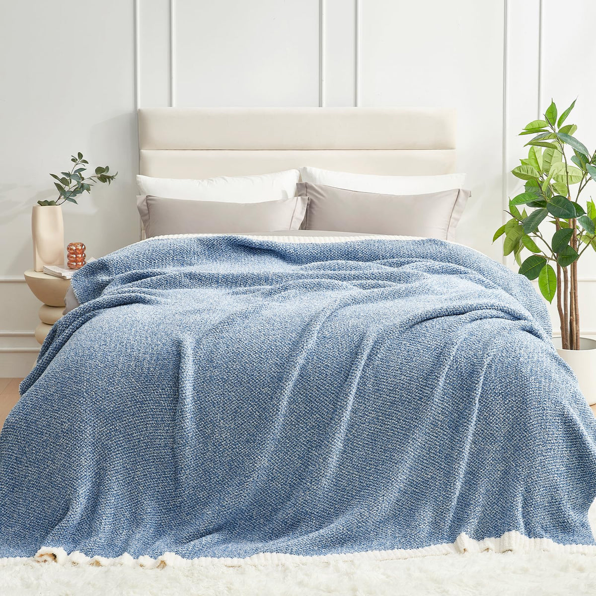 Snuggle Sac Buttery Ivory Throw Blanket for Couch, Reversible Super Soft Knitted Blankets, Warm Cozy Knit Fuzzy Plush Lightweight Throws Dupes for Sofa, Bed, Picnic, Ivory, 50 x 60 inches