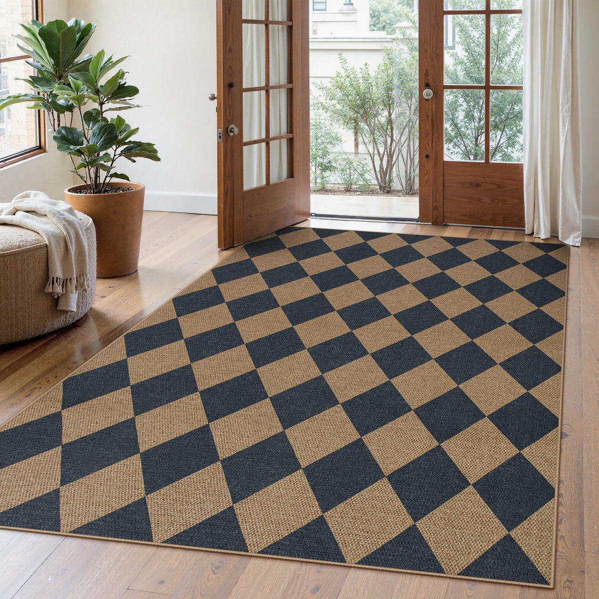 Lahome Checkered Easy Jute Non Slip Front Door Mat, 2x3 Kitchen Rug Neutral Small Throw Rug, Farmhouse Diamond Washable Non Shedding Low Pile Black Floor Carpet for Entryway Front Porch Doorway