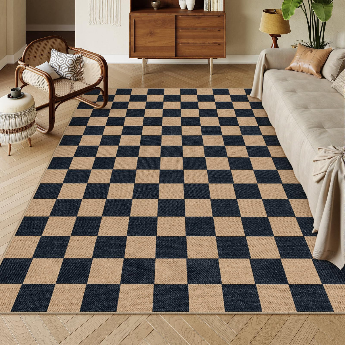 Lahome Checkered Easy Jute Non Slip Front Door Mat, 2x3 Kitchen Rug Neutral Small Throw Rug, Farmhouse Diamond Washable Non Shedding Low Pile Black Floor Carpet for Entryway Front Porch Doorway