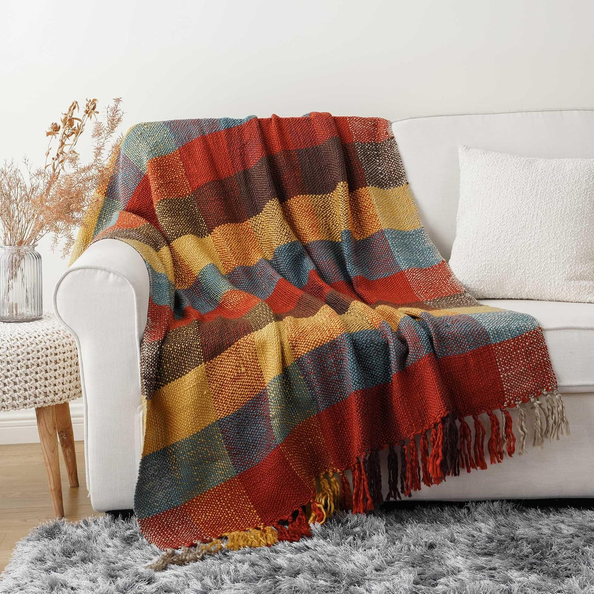 Fall Plaid Throw Blanket for Couch, Rustic Knit Throw Blanket 50"x60"