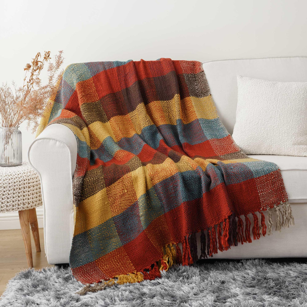 Fall Plaid Throw Blanket for Couch, Rustic Knit Throw Blanket 50"x60"