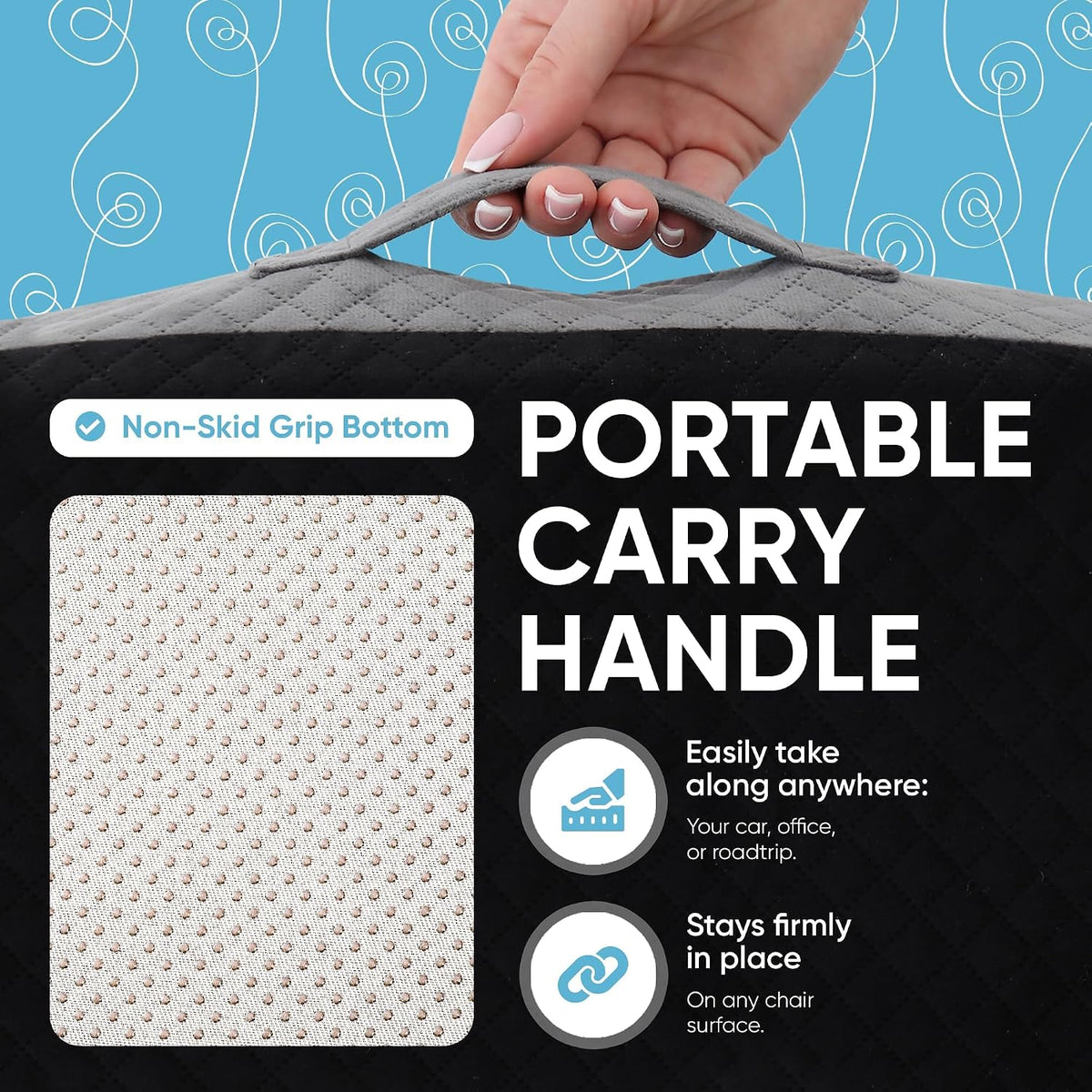 Large Seat Cushion (19” x 17” x 3”) Memory Foam for Office Chair, Wheelchair Cushions, Floor Pillow | Cushion Back Pain Coccyx Pain Relief | Plush Velvet Cover with Carry Handle