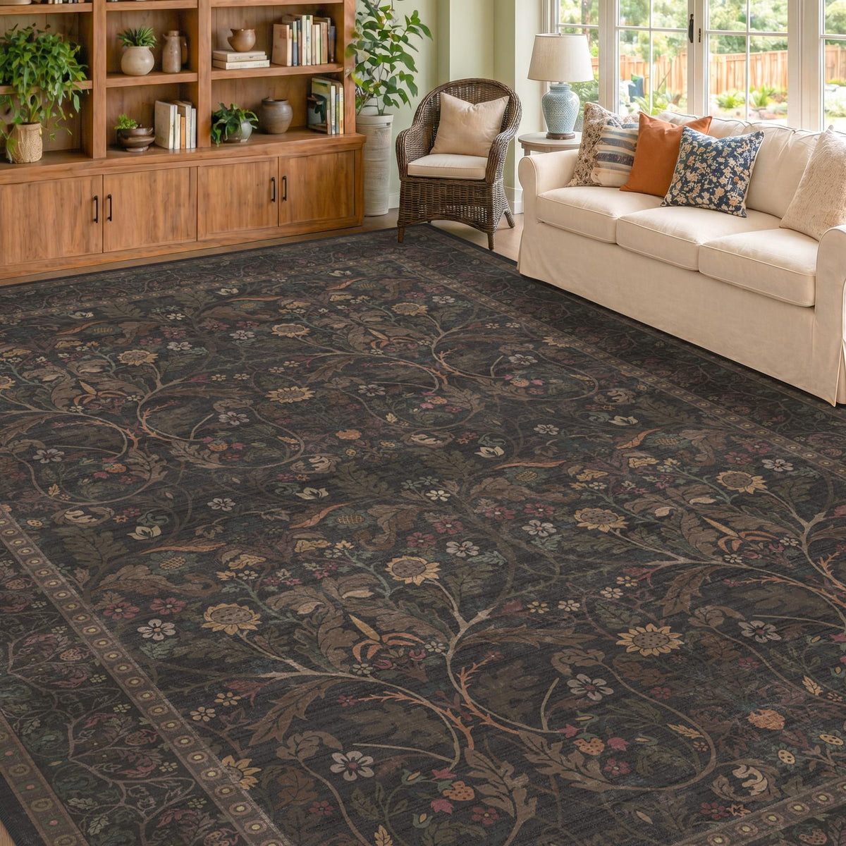 Dark Brown 2x3 Washable Entry Rug, Throw Small Rugs for Entryway Kitchen Bathroom Indoor Door Mat, Farmhouse Floral & Botanical Door Mats, Low Pile Soft Stain Resistant Carpet