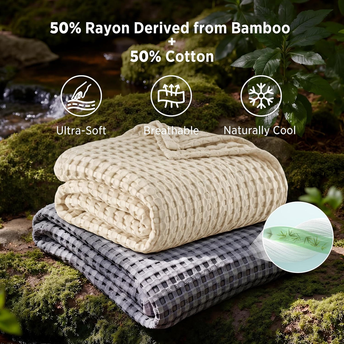 Bedsure Cooling Waffle Blanket for Hot Sleepers, Natural, King, 104" X 90"