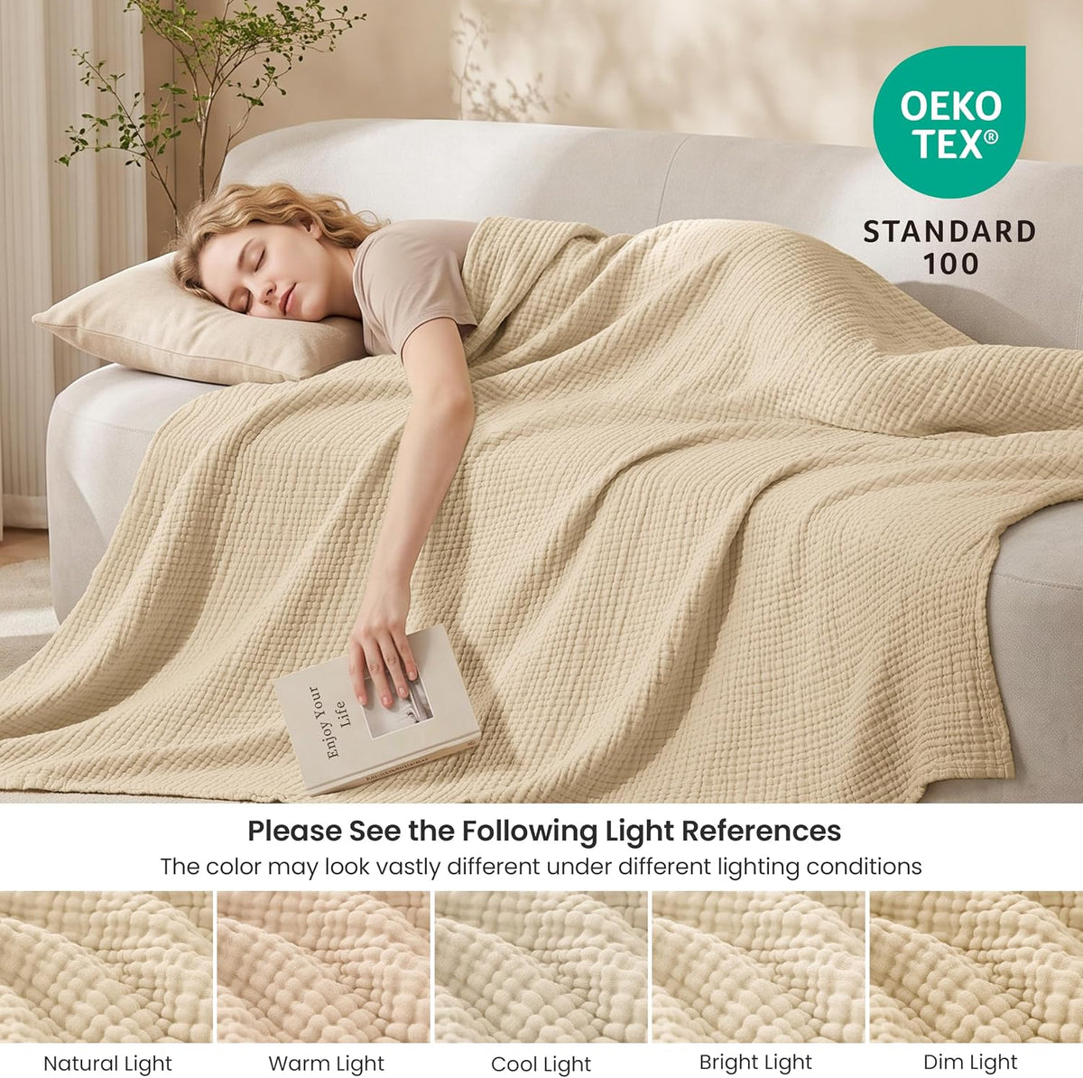 Love's cabin 100% Cotton Muslin Blanket Throw for Couch, Khaki