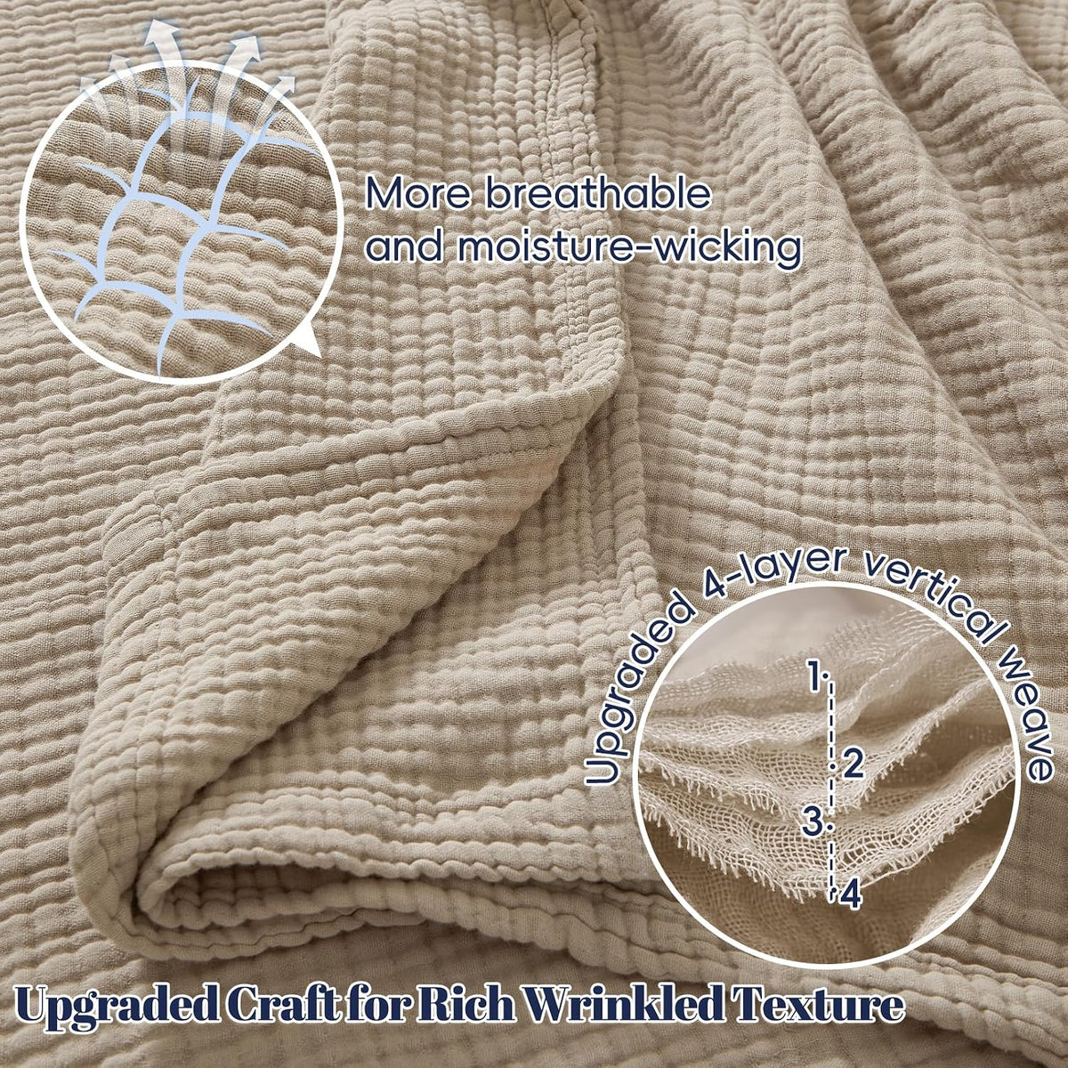 PHF 100% Cotton Muslin Blanket for Adults, Queen Size 90"X90", Taupe