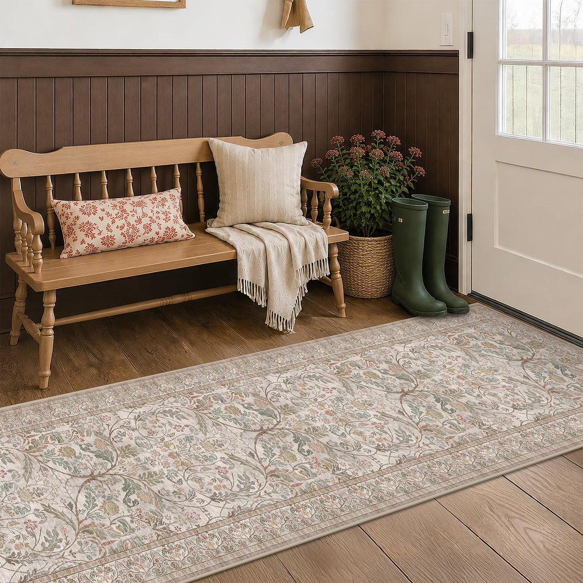 Dark Brown 2x3 Washable Entry Rug, Throw Small Rugs for Entryway Kitchen Bathroom Indoor Door Mat, Farmhouse Floral & Botanical Door Mats, Low Pile Soft Stain Resistant Carpet