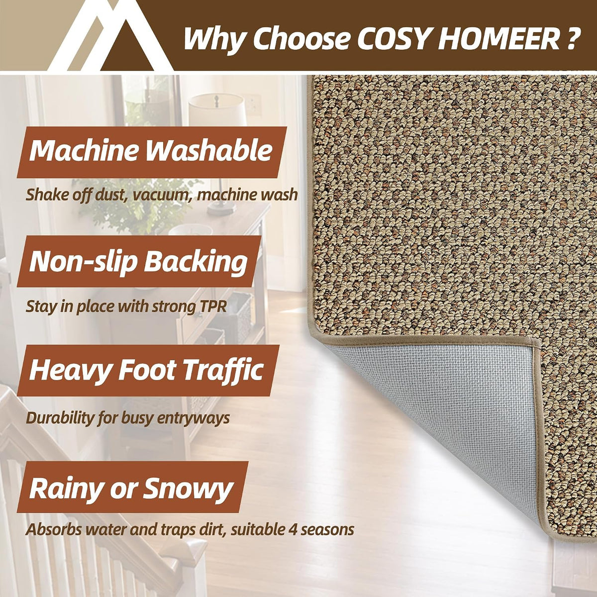 COSY HOMEER Door Mat Non-Slip Entryway Rugs Dirt Trapper, 17"x30", Beige