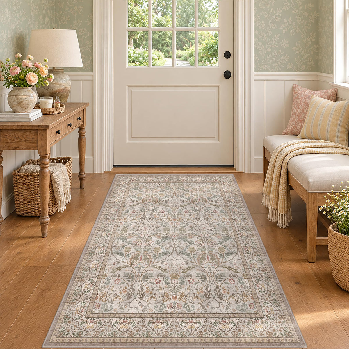 Dark Brown 2x3 Washable Entry Rug, Throw Small Rugs for Entryway Kitchen Bathroom Indoor Door Mat, Farmhouse Floral & Botanical Door Mats, Low Pile Soft Stain Resistant Carpet