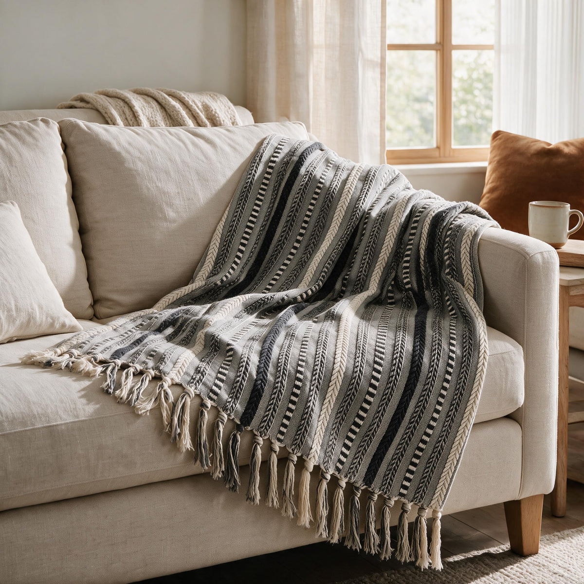 Horaldaily Braided Striped Decorative Throw Blanket, Grey Soft Cozy Blanket with Tassels for Couch Sofa Chair Bed Home Decor, Ideal Gifts for Daily Holiday Use 50x60
