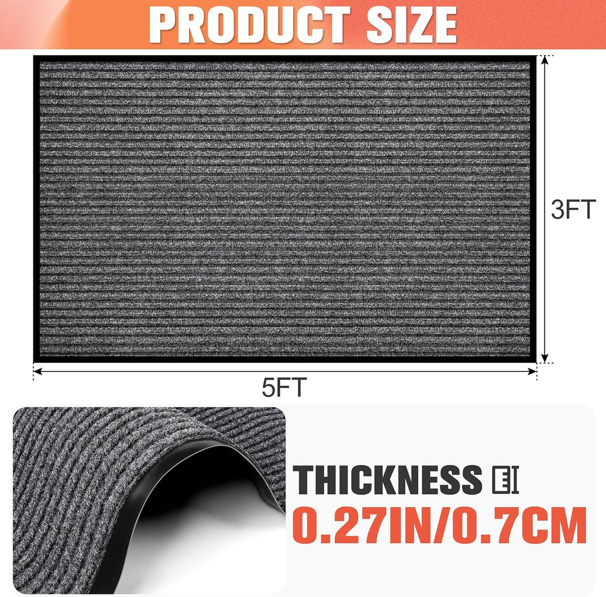 MYFAMIREA Commercial Floor Mat 3' x 5' Extra Large Front Door Industrial Rug Heavy Duty Brush Step Entrance Mat Weather Utility Rug with Non Slip Rubber Backing Low Profile for Entryway, Charcoal Grey