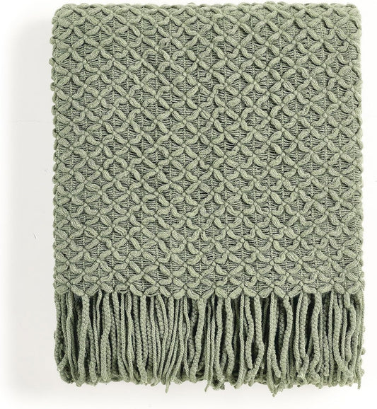 CREVENT Farmhouse Boho Knitted Throw Blanket for Couch Sofa Chair Bed Home Decoration, Soft Warm Cozy Light Weight for Spring Summer Fall (50''X60'' Sage Green)