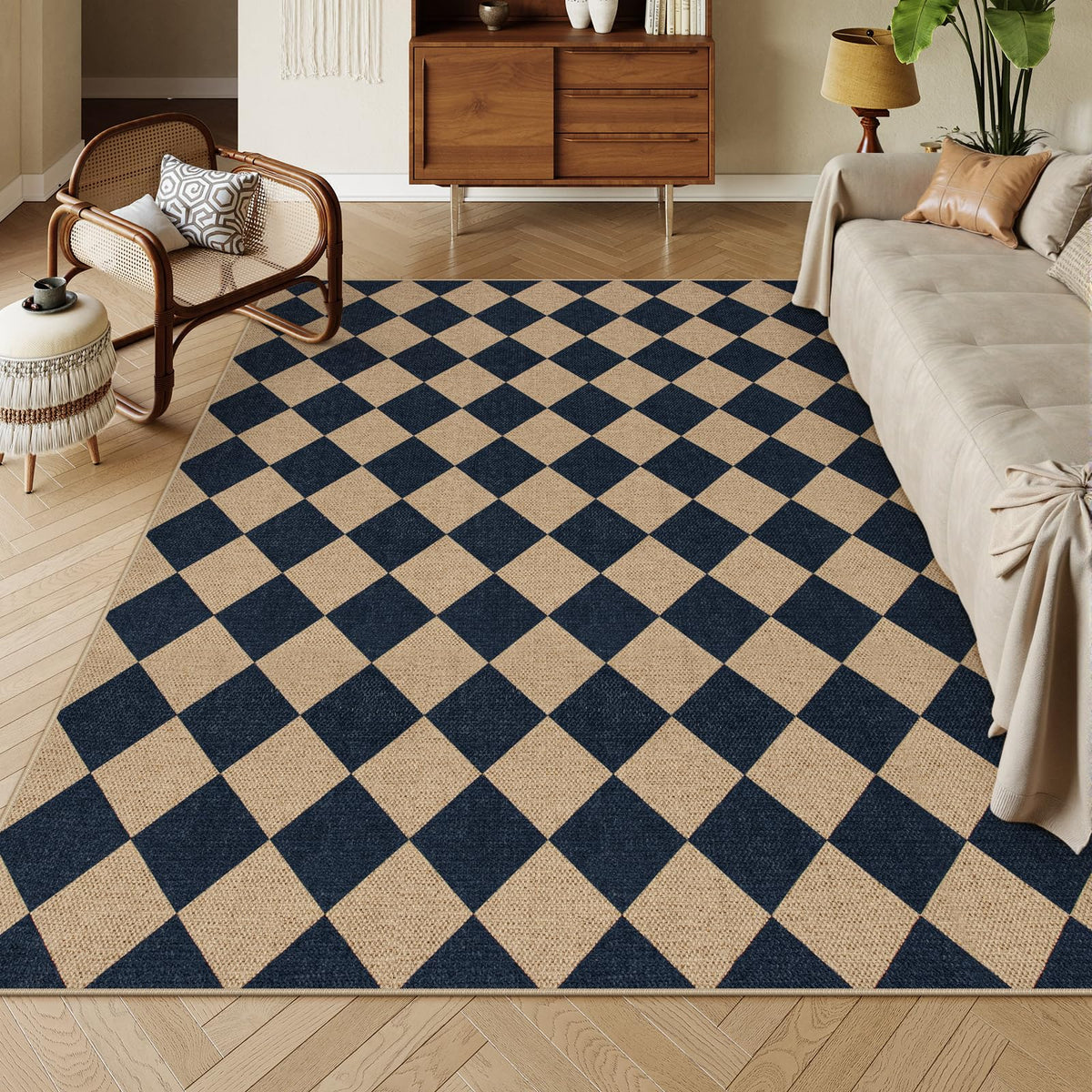 Lahome Checkered Easy Jute Non Slip Front Door Mat, 2x3 Kitchen Rug Neutral Small Throw Rug, Farmhouse Diamond Washable Non Shedding Low Pile Black Floor Carpet for Entryway Front Porch Doorway