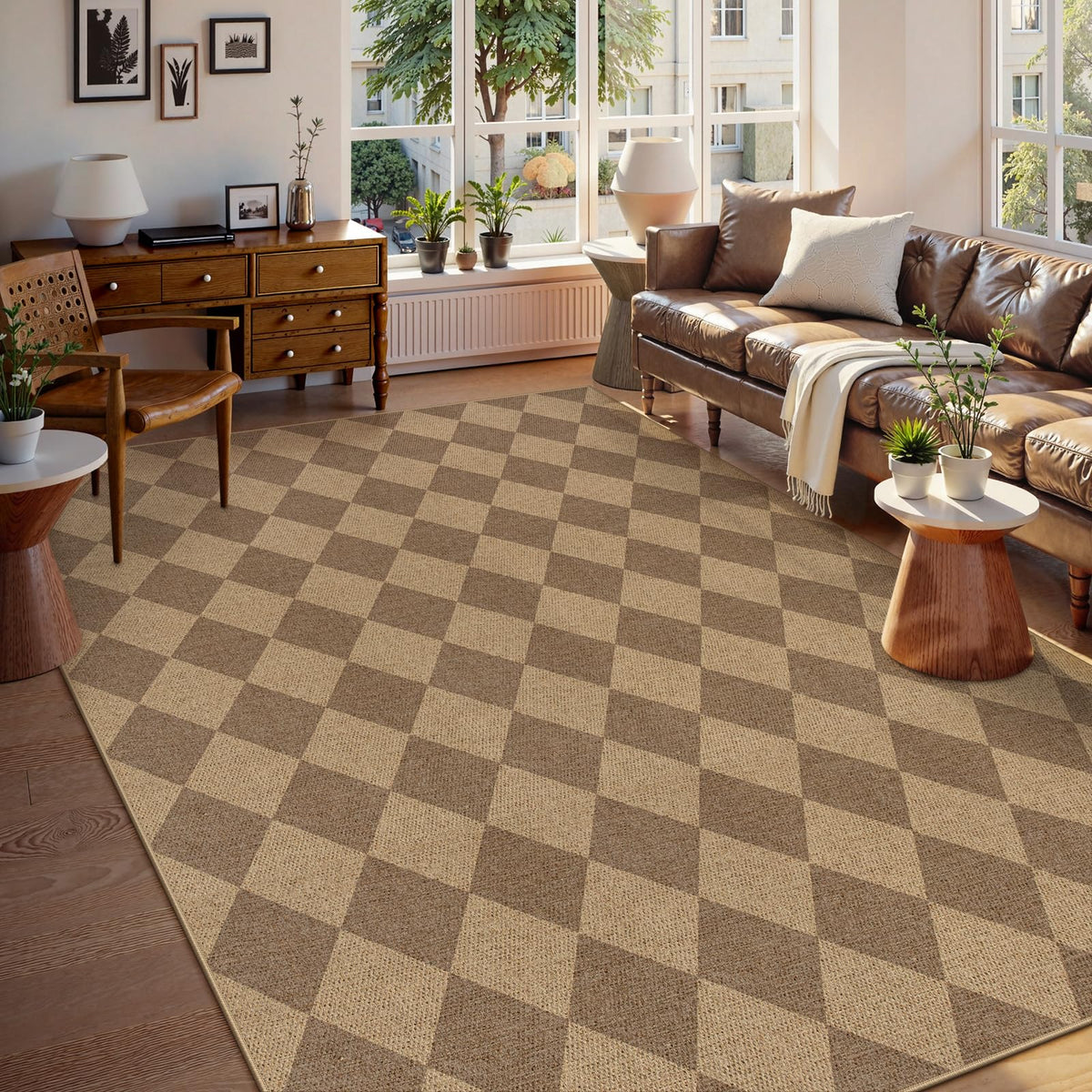 Lahome Checkered Easy Jute Non Slip Front Door Mat, 2x3 Kitchen Rug Neutral Small Throw Rug, Farmhouse Diamond Washable Non Shedding Low Pile Black Floor Carpet for Entryway Front Porch Doorway