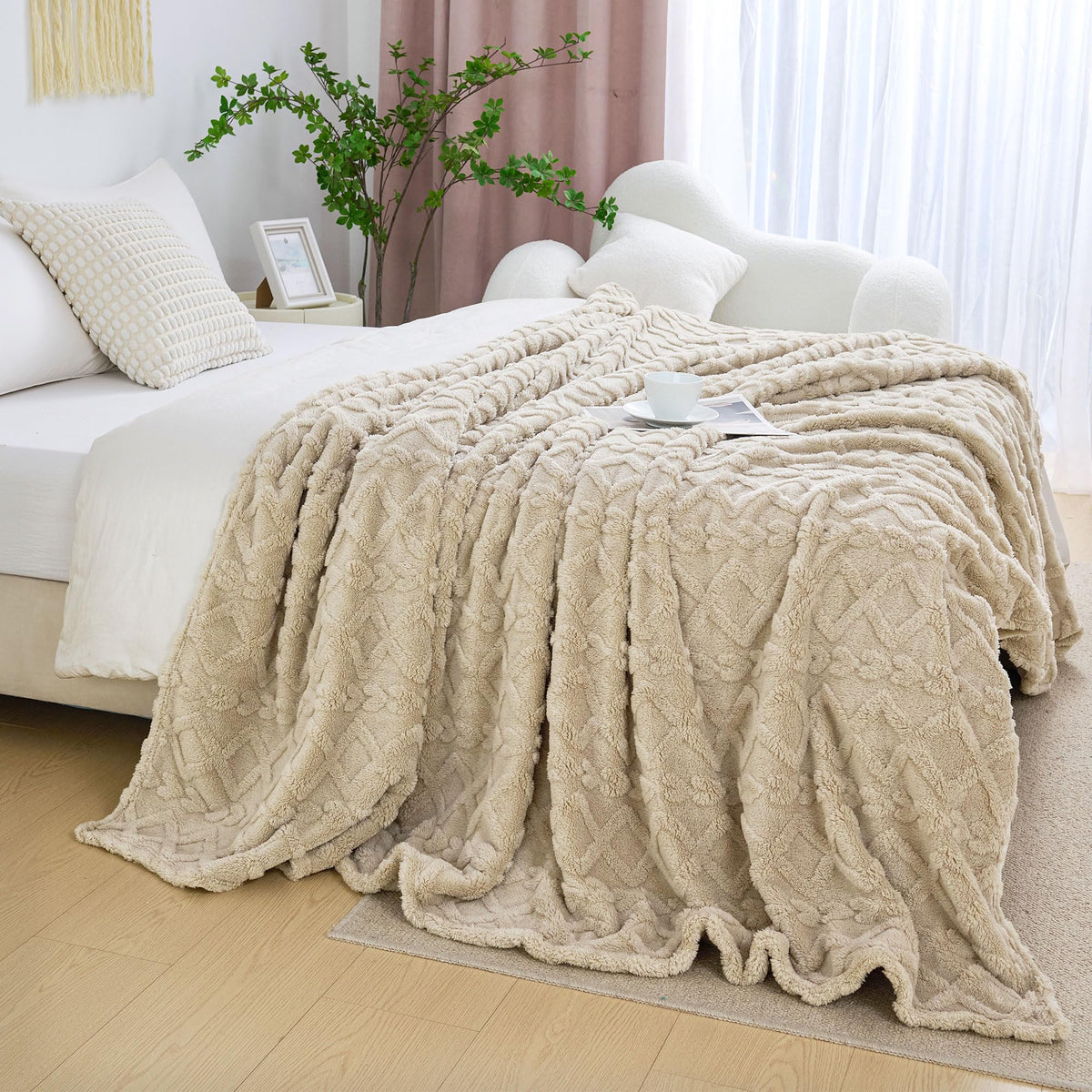 Aganear Fleece Throw Blanket for Couch, Fall Boho Blankets,50"x60" Khaki