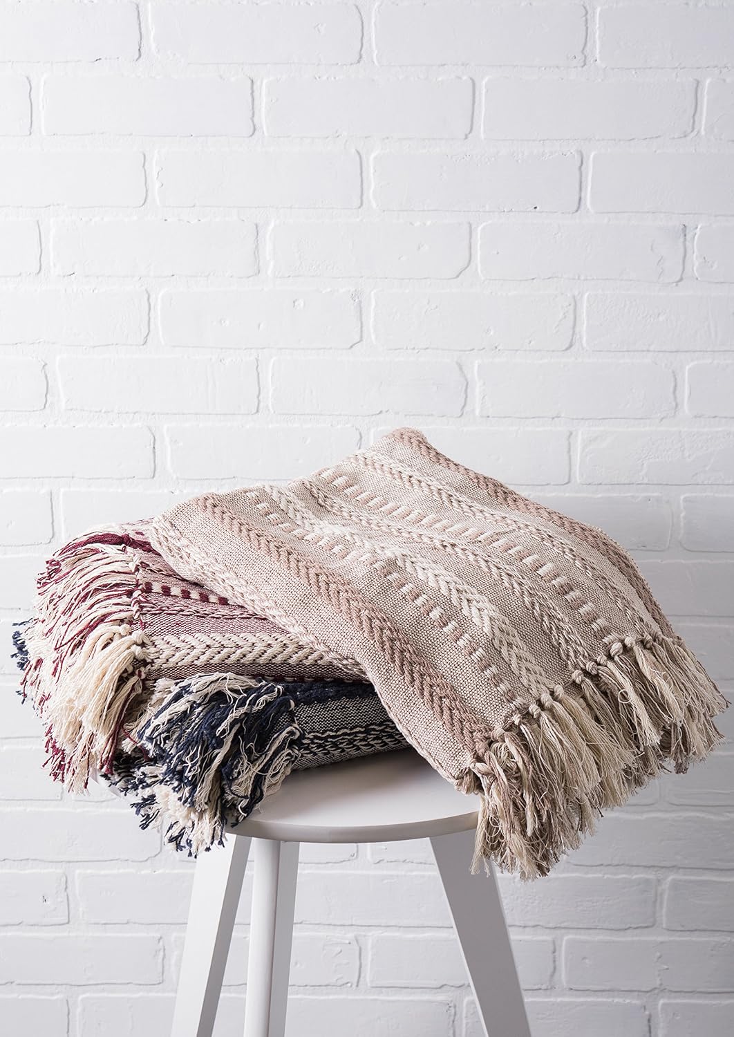 DII Braided Striped Throw Blanket, 50x60, Stone on Cream