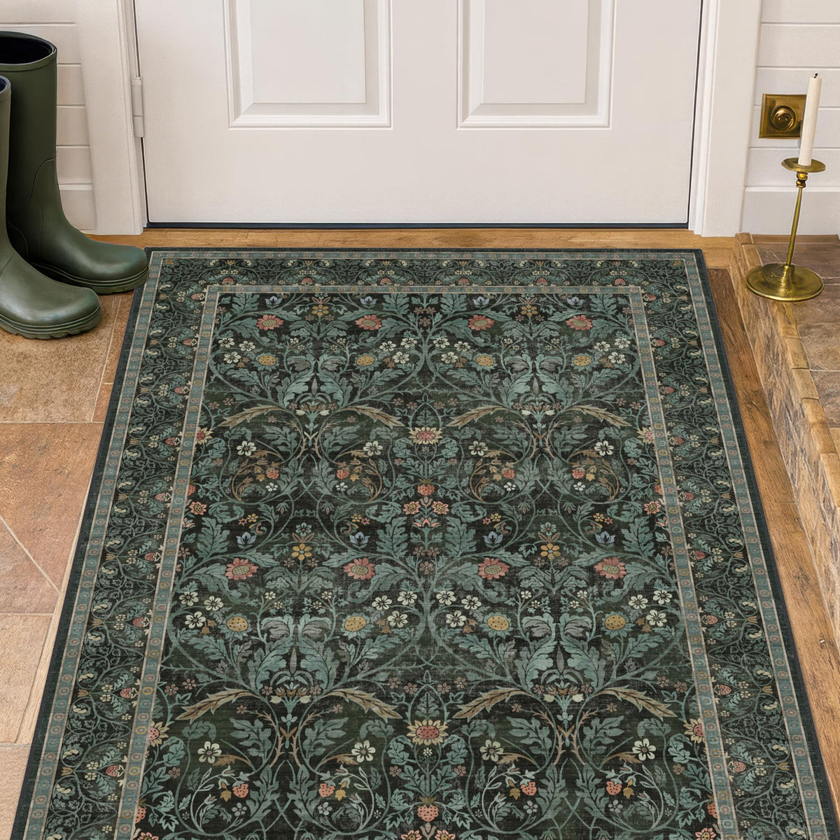 Dark Brown 2x3 Washable Entry Rug, Throw Small Rugs for Entryway Kitchen Bathroom Indoor Door Mat, Farmhouse Floral & Botanical Door Mats, Low Pile Soft Stain Resistant Carpet