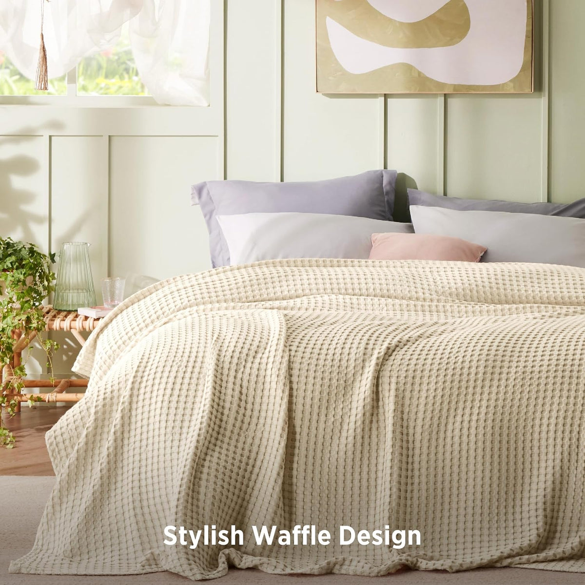 Bedsure Cooling Waffle Blanket for Hot Sleepers, Natural, King, 104" X 90"