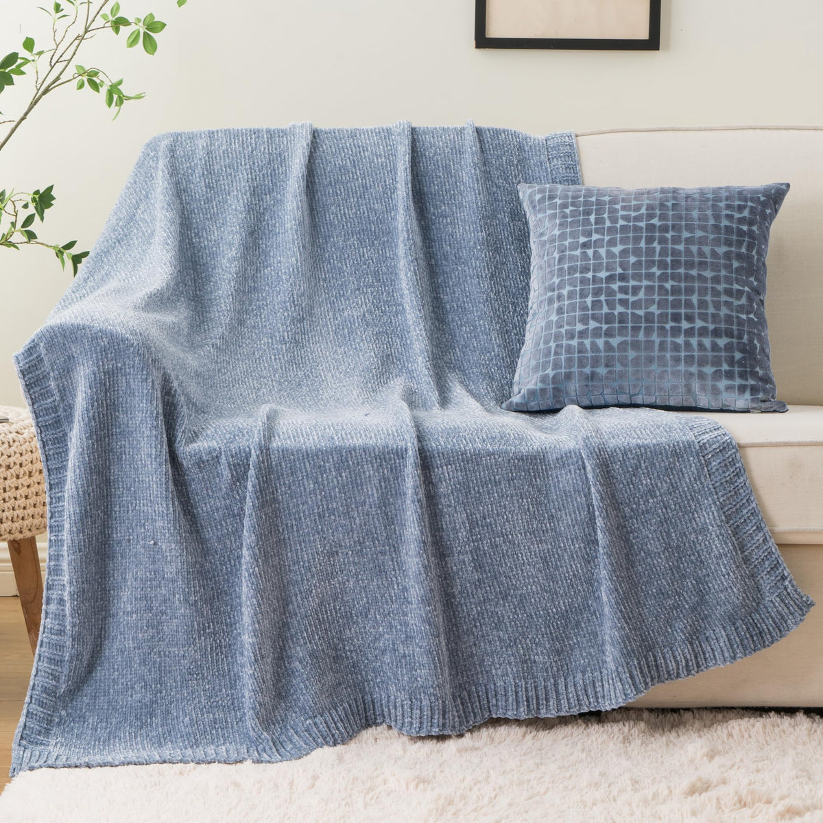 Chenille Throw Blanket for Couch, Knit Throw Blanket 51"x67", Ivory White