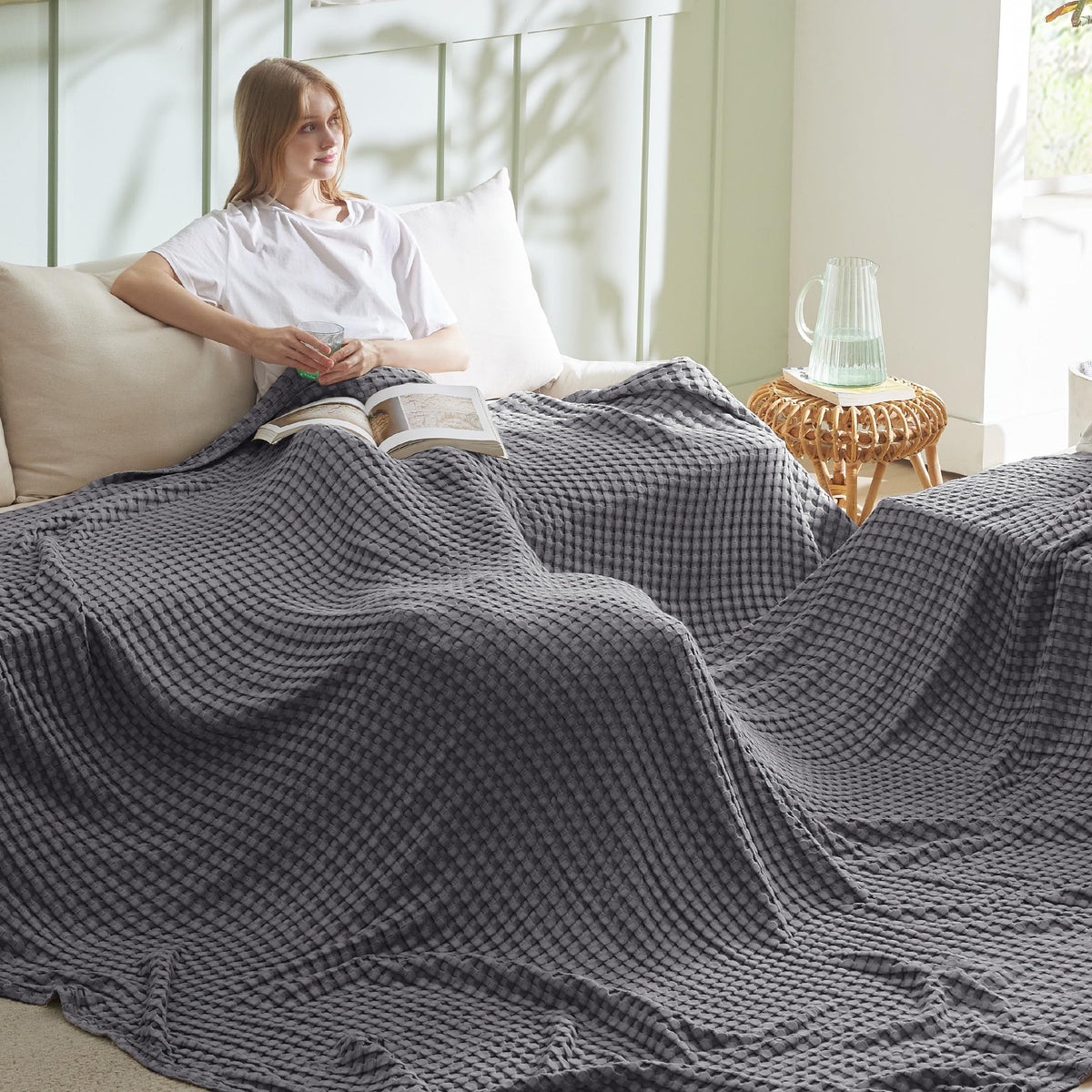 Bedsure Cooling Waffle Blanket for Hot Sleepers, Natural, King, 104" X 90"
