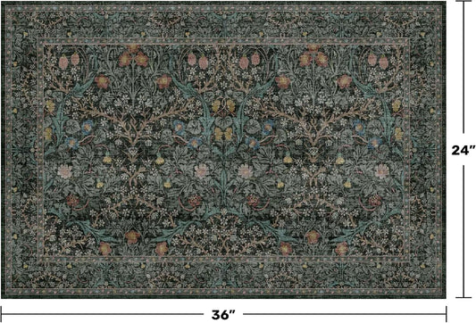 Dark Green Washable Entry Rug - Front Door Throw Rugs Indoor, Non-Slip Bathroom Small Rugs, Vintage Floral Thin Rug for Kitchen, Boho Entryway Décor (2x3 Dark Green)