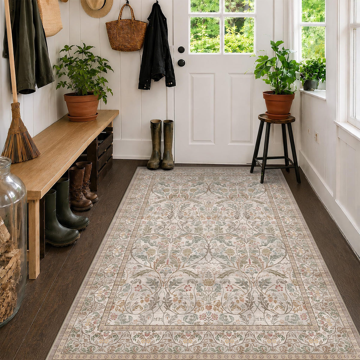Dark Brown 2x3 Washable Entry Rug, Throw Small Rugs for Entryway Kitchen Bathroom Indoor Door Mat, Farmhouse Floral & Botanical Door Mats, Low Pile Soft Stain Resistant Carpet