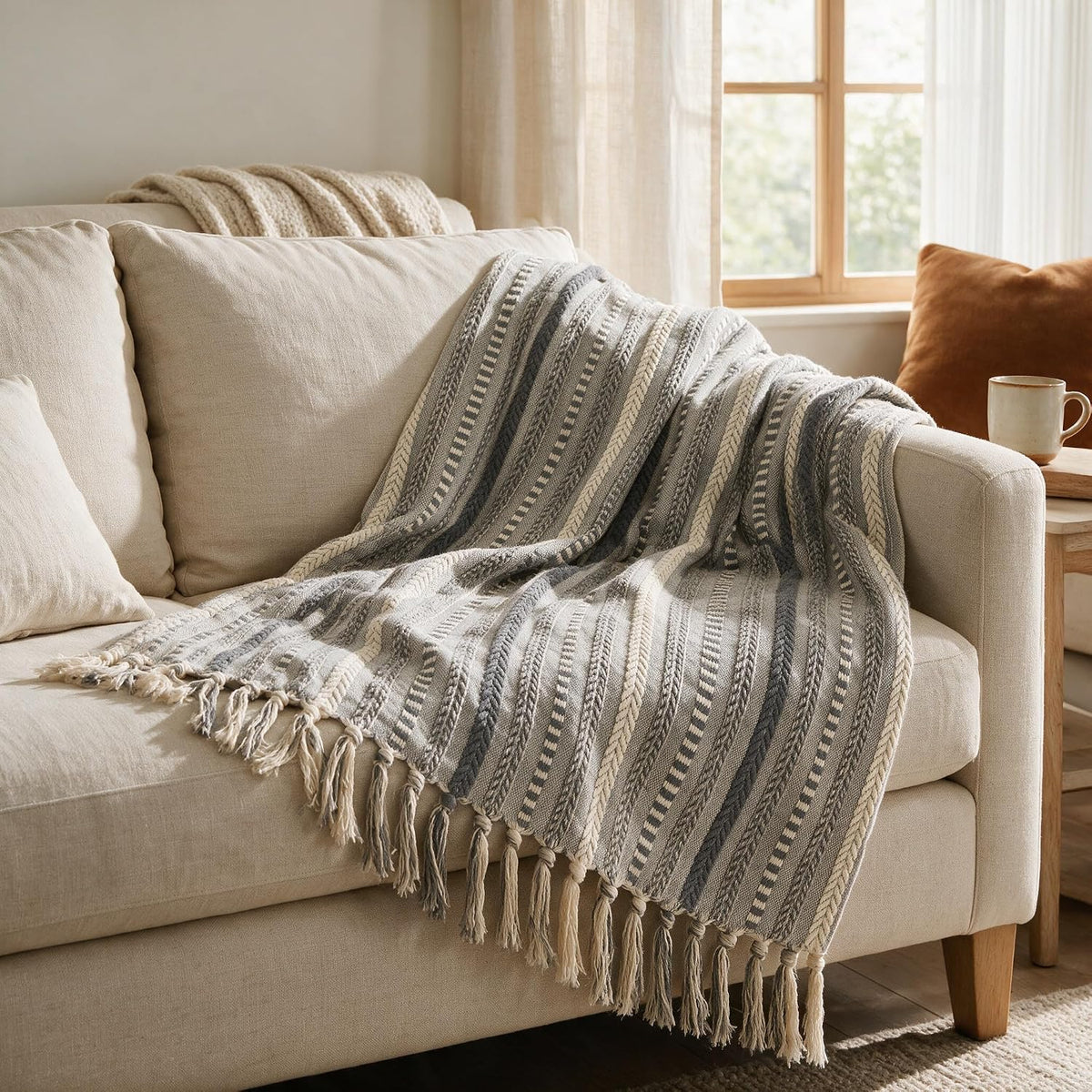 Horaldaily Braided Striped Decorative Throw Blanket, Grey Soft Cozy Blanket with Tassels for Couch Sofa Chair Bed Home Decor, Ideal Gifts for Daily Holiday Use 50x60