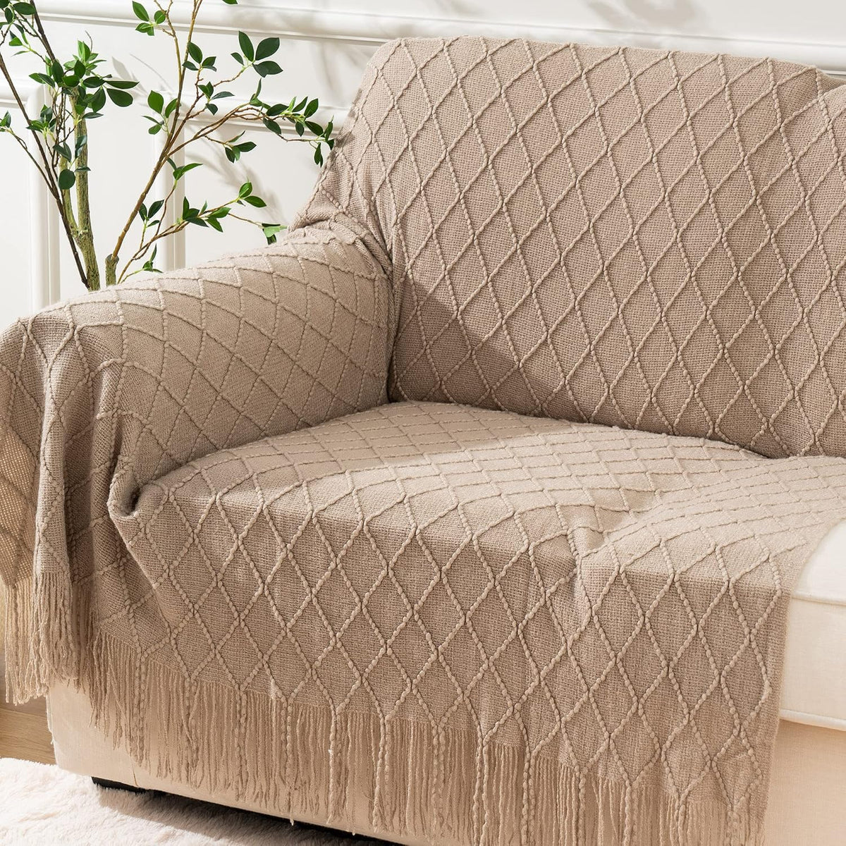 BATTILO HOME Khaki Throw Blanket for Couch, Boho Bed Tan Throws, Spring Decorative Taupe Throw for Sofa Foot of Bed, 50"x60"