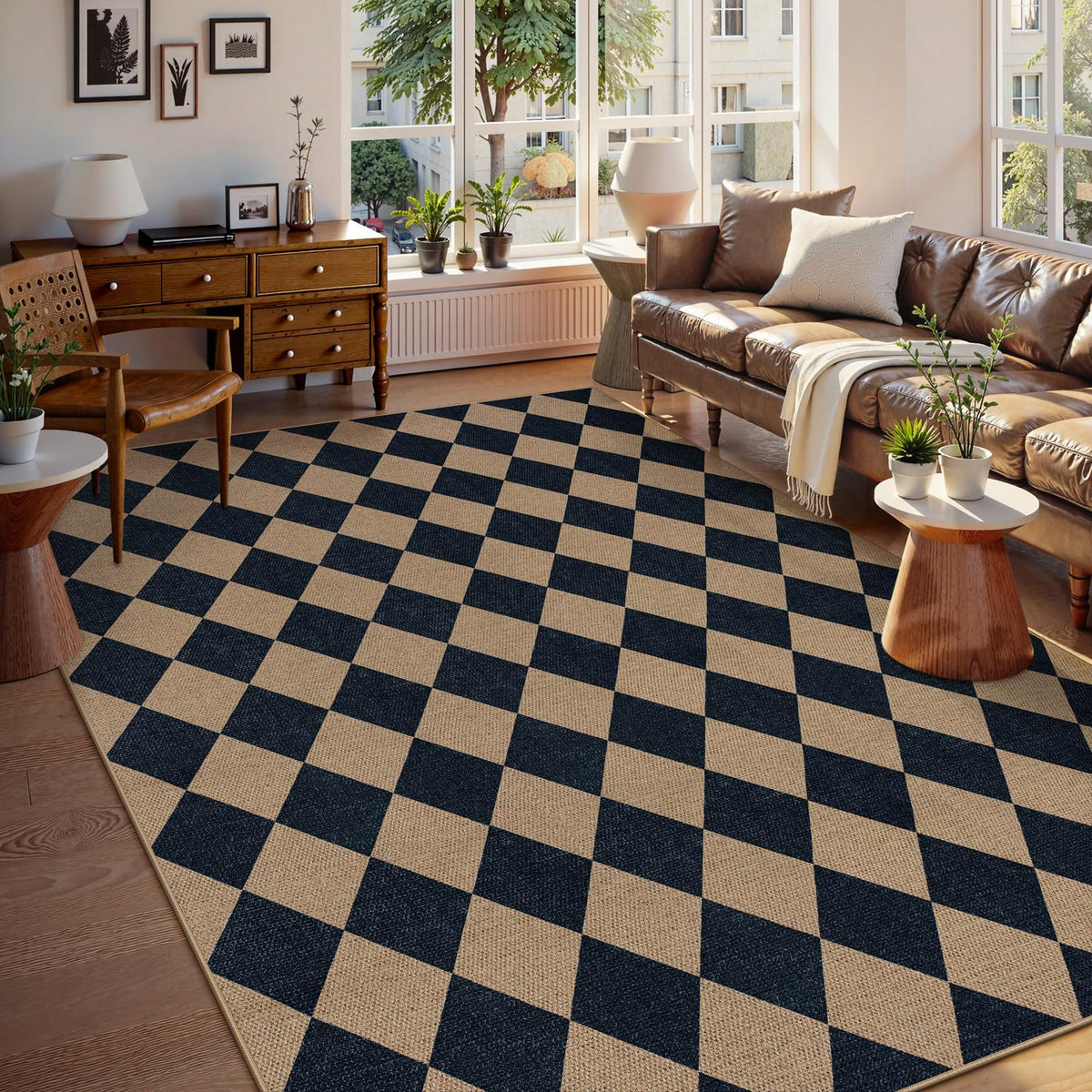 Lahome Checkered Easy Jute Non Slip Front Door Mat, 2x3 Kitchen Rug Neutral Small Throw Rug, Farmhouse Diamond Washable Non Shedding Low Pile Black Floor Carpet for Entryway Front Porch Doorway