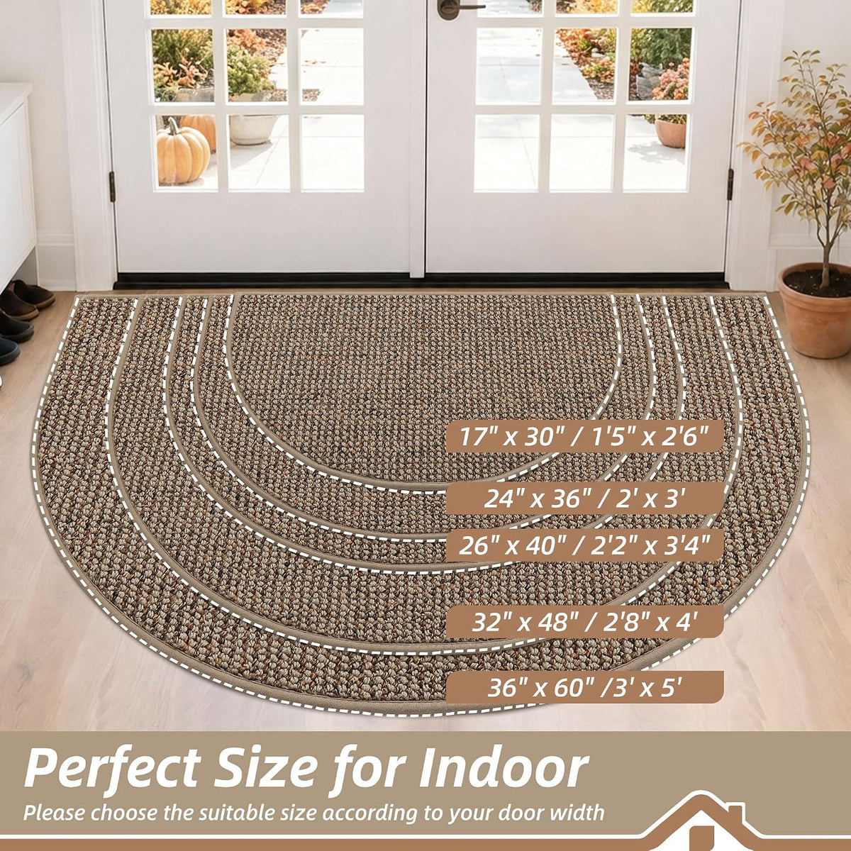 BEQHAUSE Dirt Trapper Door Mat 17" x 30" Half Circle Non Slip Rugs, Taupe