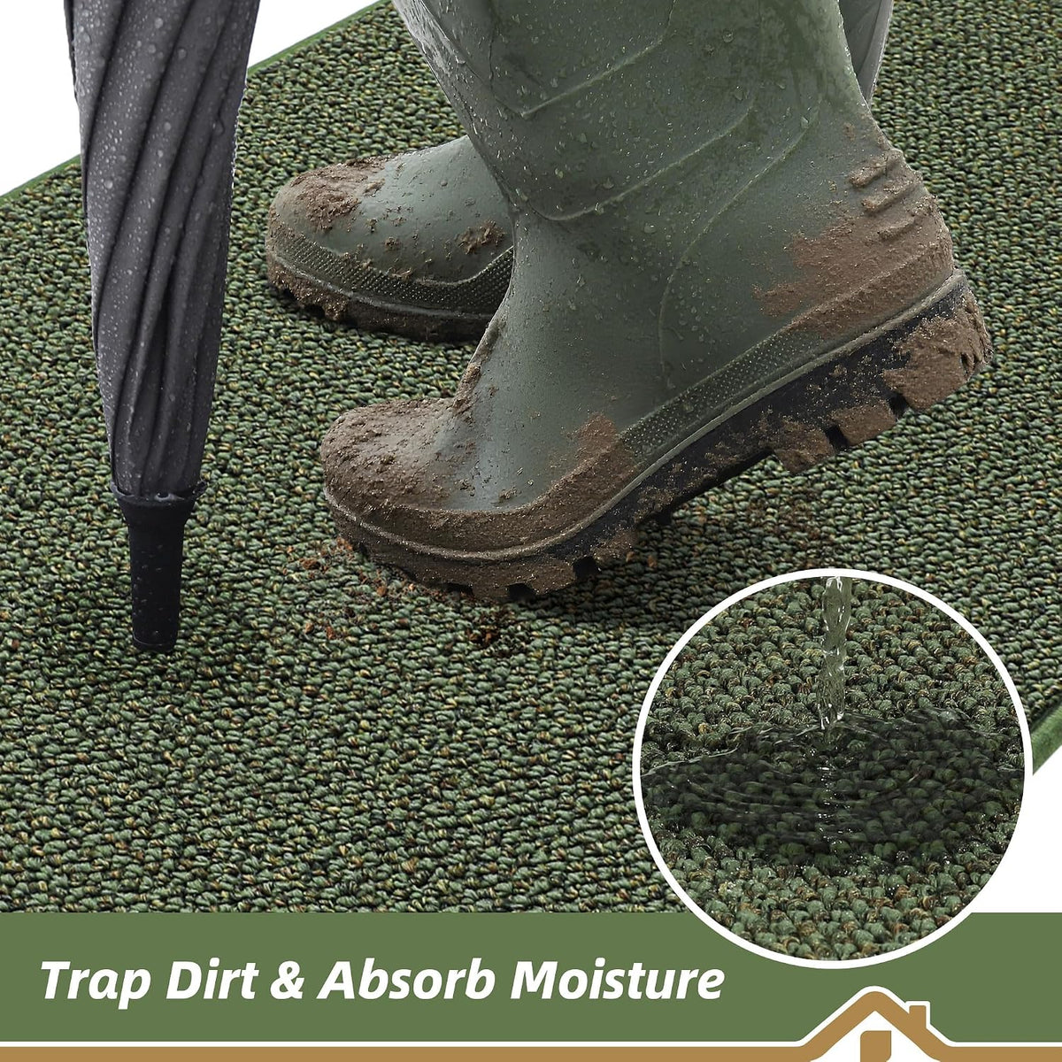 BEQHAUSE Dirt Trapper Door Mat 20" x 32", Non-Slip Washable Doormats, Green