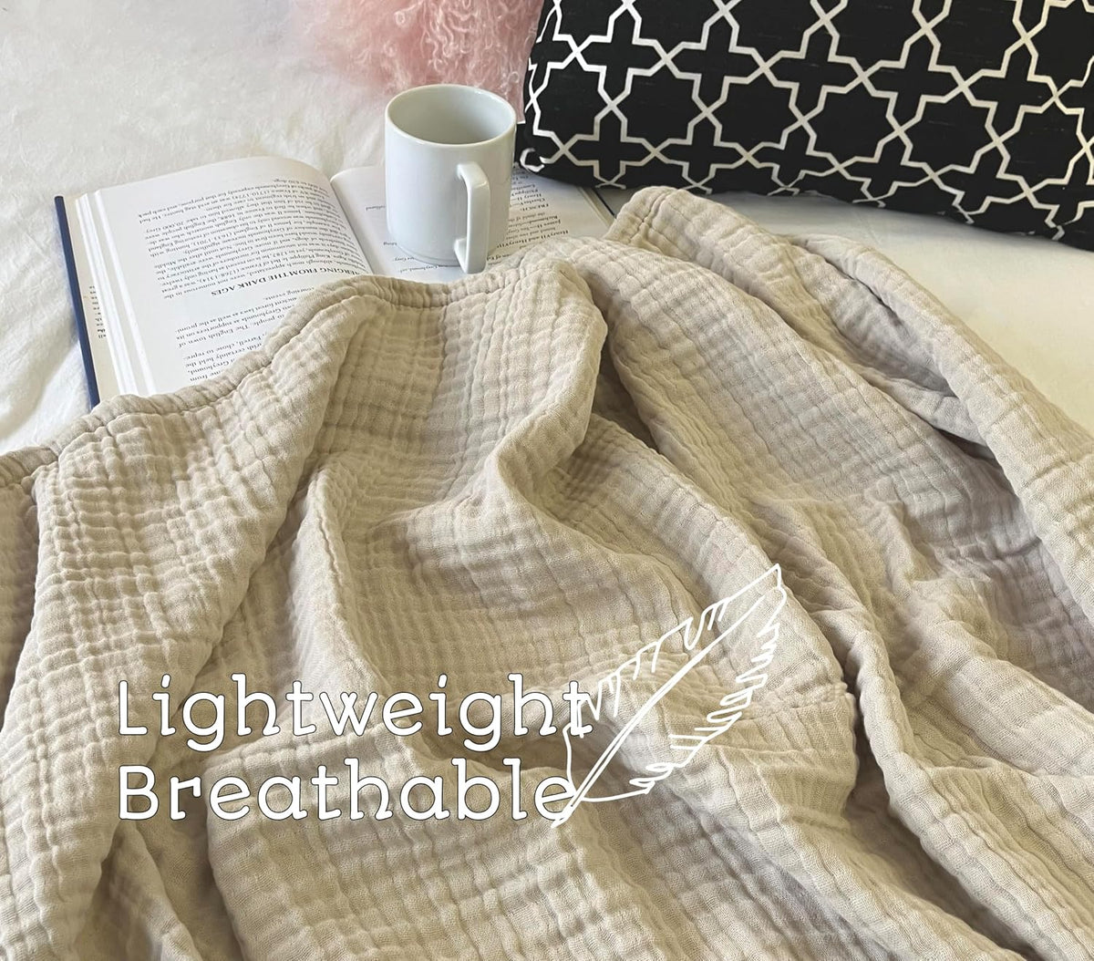 KyraHome 100% Organic Cotton Throw Muslin Blanket, 50"x60", Oatmeal Khaki