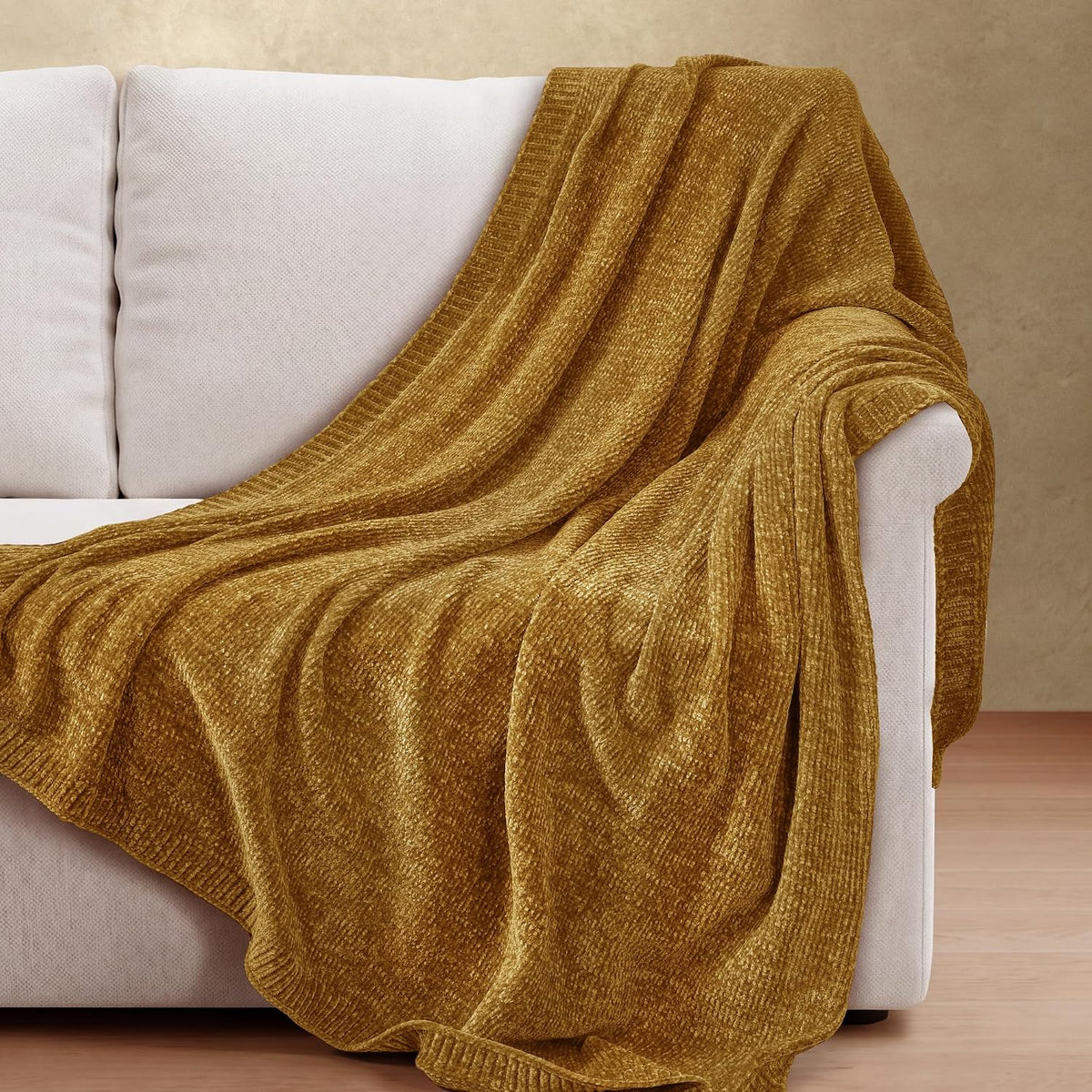 Chenille Throw Blanket for Couch, Cozy Soft Blanket Lightweight Decorative Throw for Living Room Sofa Chair, Stylish Home Decor, Ideal for Gifting, Yellow 50"x60"