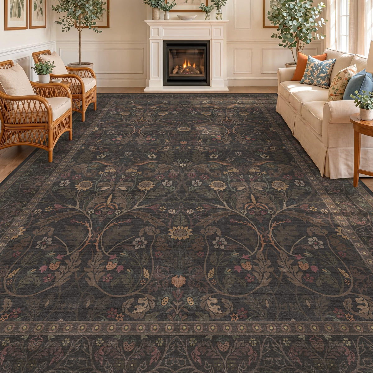 Dark Brown 2x3 Washable Entry Rug, Throw Small Rugs for Entryway Kitchen Bathroom Indoor Door Mat, Farmhouse Floral & Botanical Door Mats, Low Pile Soft Stain Resistant Carpet
