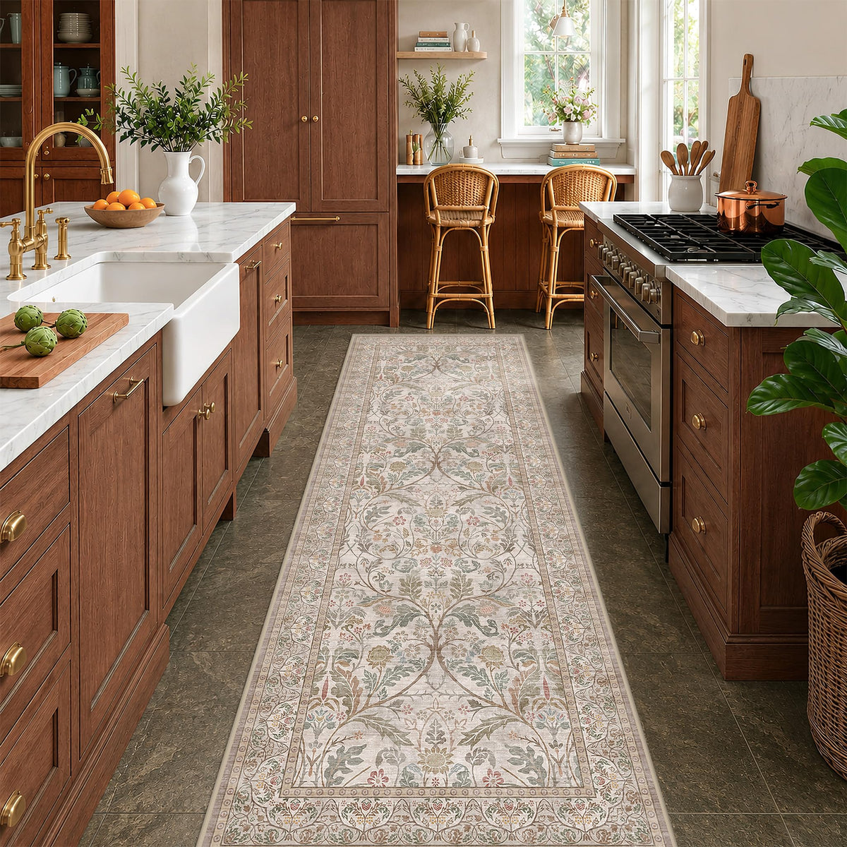 Dark Brown 2x3 Washable Entry Rug, Throw Small Rugs for Entryway Kitchen Bathroom Indoor Door Mat, Farmhouse Floral & Botanical Door Mats, Low Pile Soft Stain Resistant Carpet