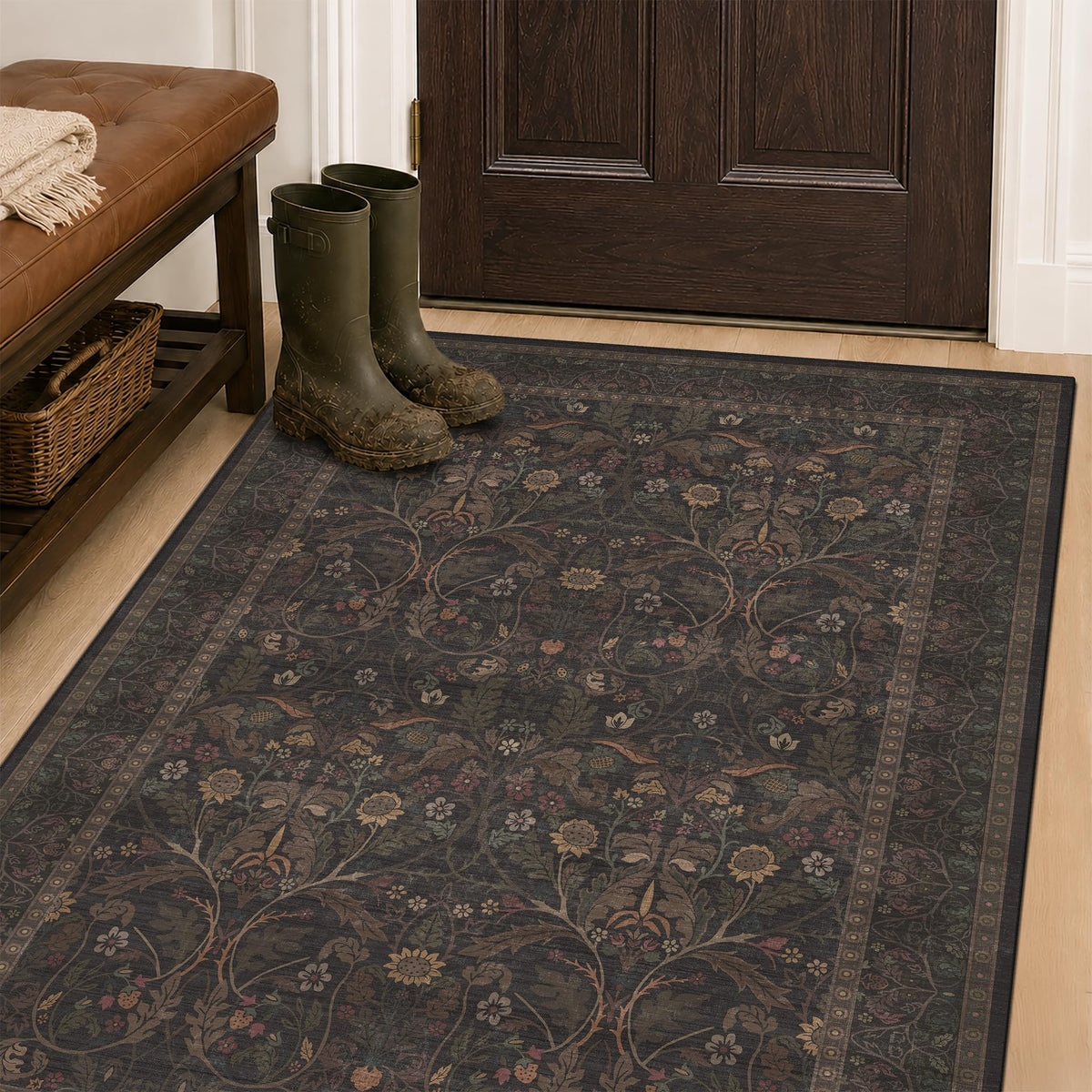 Dark Brown 2x3 Washable Entry Rug, Throw Small Rugs for Entryway Kitchen Bathroom Indoor Door Mat, Farmhouse Floral & Botanical Door Mats, Low Pile Soft Stain Resistant Carpet