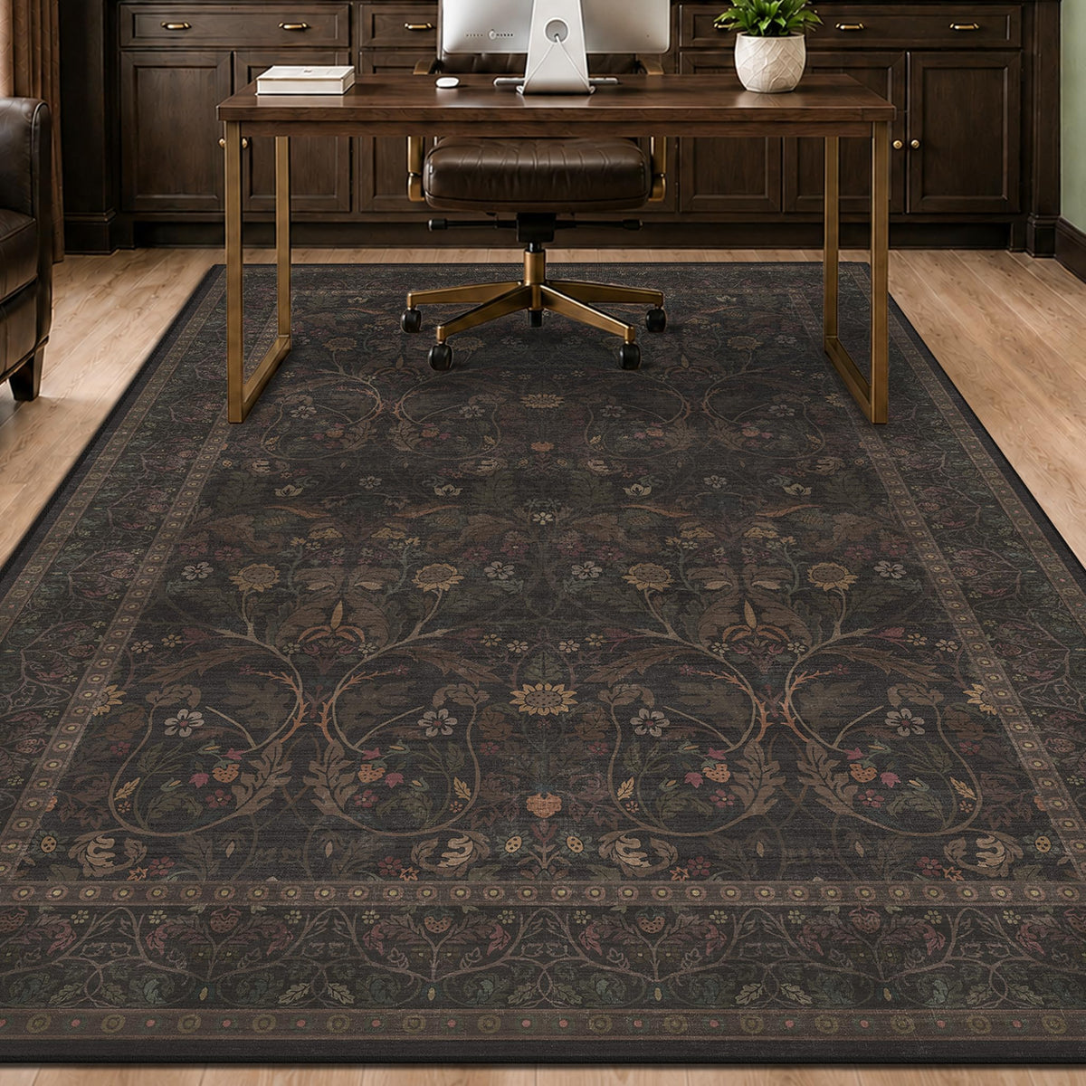 Dark Brown 2x3 Washable Entry Rug, Throw Small Rugs for Entryway Kitchen Bathroom Indoor Door Mat, Farmhouse Floral & Botanical Door Mats, Low Pile Soft Stain Resistant Carpet