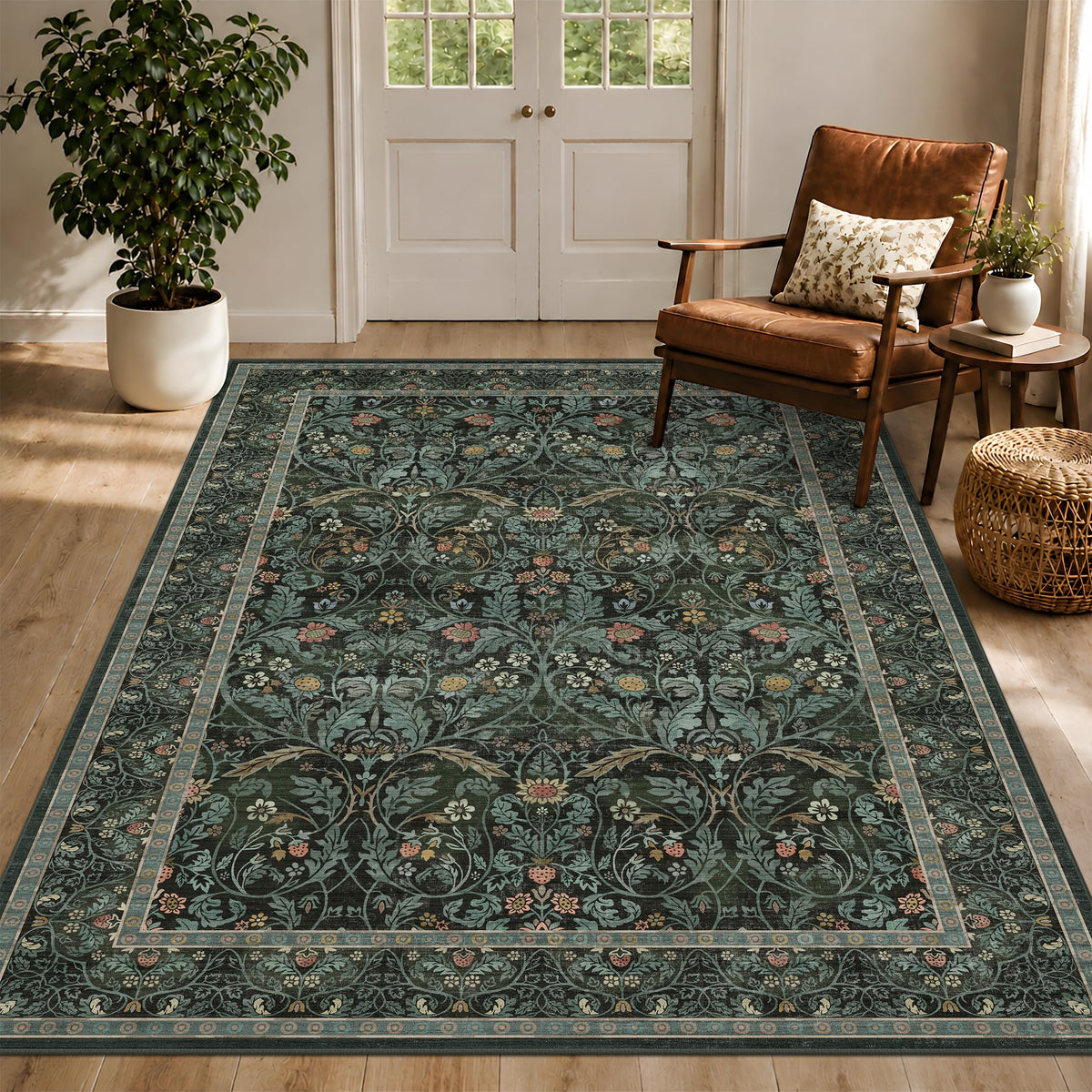 Dark Brown 2x3 Washable Entry Rug, Throw Small Rugs for Entryway Kitchen Bathroom Indoor Door Mat, Farmhouse Floral & Botanical Door Mats, Low Pile Soft Stain Resistant Carpet